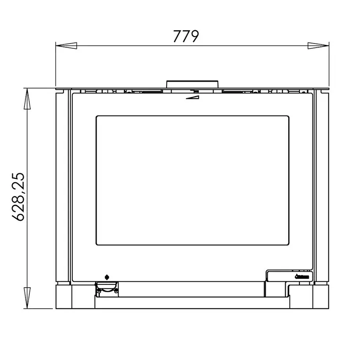 Aduro Kaminofen 15-3 - 6,5 kW, Raumheizvermögen: 334 m³, Material Verkleidung: Stahl, Schwarz - Technische Zeichnung eines Heizgeräts mit den Maßen 779 mm Breite und 628,25 mm Höhe für Installationsdetails.