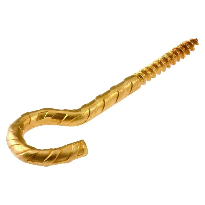 Stabilit SchraubhakenØ x L: 5,2 x 80 mm, 1 Stk., Holzgewinde, Vermessingt, Gebogen - Nahaufnahme eines goldenen Schraubhaken, der sich spiralförmig windet und für verschiedene Aufhängearbeiten verwendet werden kann.