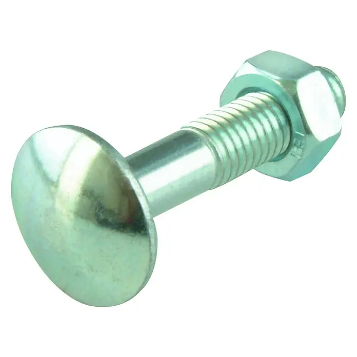 Schlossschraube mit Mutter - Länge: 50 mm, M 4, Verzinkt, 8 Stk., Flachrundkopf - Nahaufnahme einer Schlosschraube mit Mutter, die ein robustes und zuverlässiges Befestigungselement für verschiedene Anwendungen darstellt.