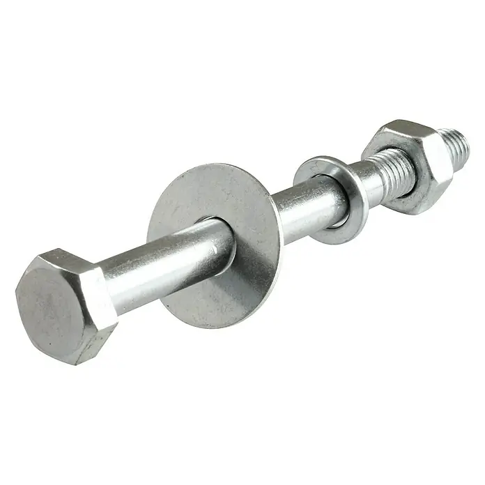 Stabilit BodenhülsenschraubeM 10, Länge: 90 mm, 10 Stk., Verzinkt, Sechskantkopf - Nahaufnahme einer Sechskantschraube mit Unterlegscheibe und Mutter, ideal für sichere und dauerhafte Befestigungen in diversen Anwendungen.