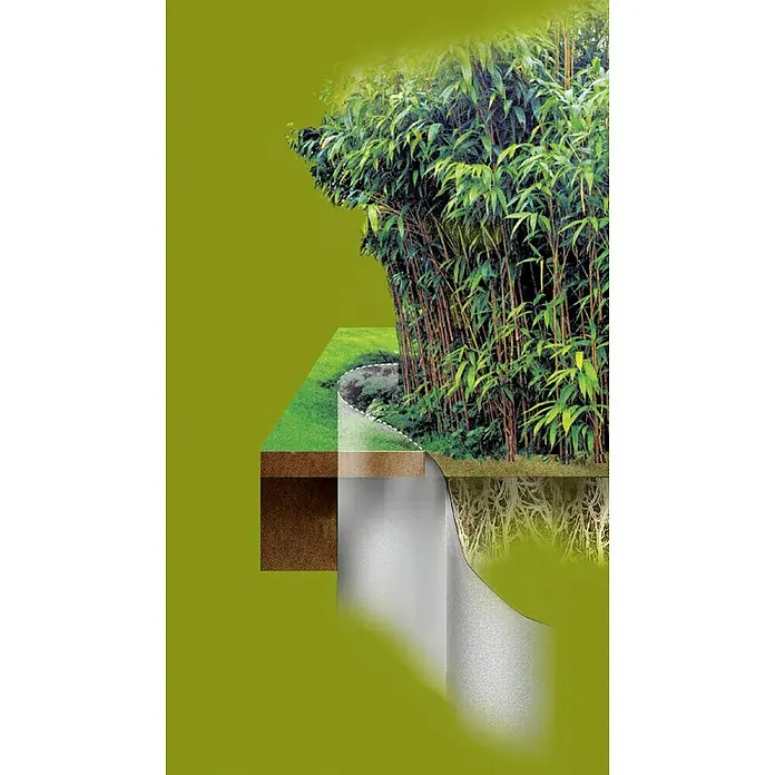 Gardol Premium Wurzelsperre - Polypropylen, 3 x 0,7 m - Die Abbildung zeigt eine Querschnittdarstellung eines Bambuszauns mit Wurzeln, Gras und Erde vor grünem Hintergrund.