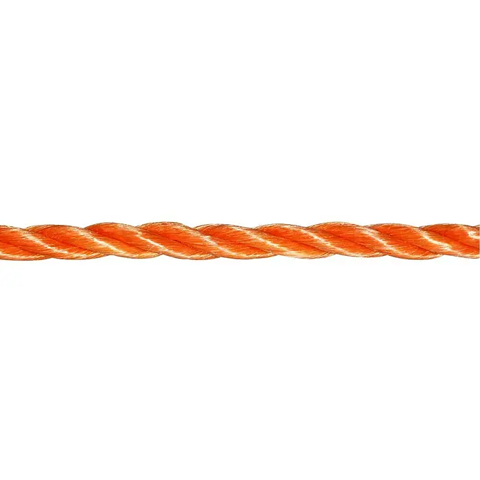 Cuerda por metros - Diámetro: 6 mm, Plástico, Naranja, Carga soportada: 75 kg - Primer plano de una cuerda naranja trenzada que se muestra sobre un fondo blanco.
