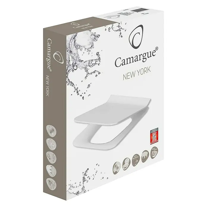 Camargue New York WC-Sitz - Duroplast, Weiß, Mit Absenkautomatik - Produktverpackung für einen Camargue New York WC-Sitz mit antibakterieller Oberfläche und Absenkautomatik.