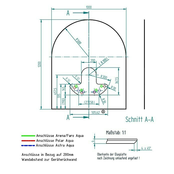 Justus Glasbodenplatte B3120 x 100 cm, Gebogen, Mit Ausschnitt, Passend für: Justus Kaminofen Faro Aqua View From Above