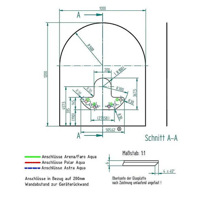 Justus Glasbodenplatte B3 - 120 x 100 cm, Gebogen, Mit Ausschnitt, Passend für: Justus Kaminofen Faro Aqua - Technische Zeichnung eines Produkts mit Maßangaben und Details zu Anschlüssen.