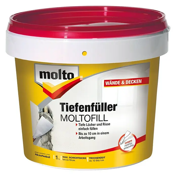 Molto Fertigspachtel Moltofill Tiefenfüller1 kg - Produktbild eines 1L Eimers Molto Tiefenfüller, einer gebrauchsfertigen Spachtelmasse zum Ausbessern von Wänden und Decken im Innenbereich.