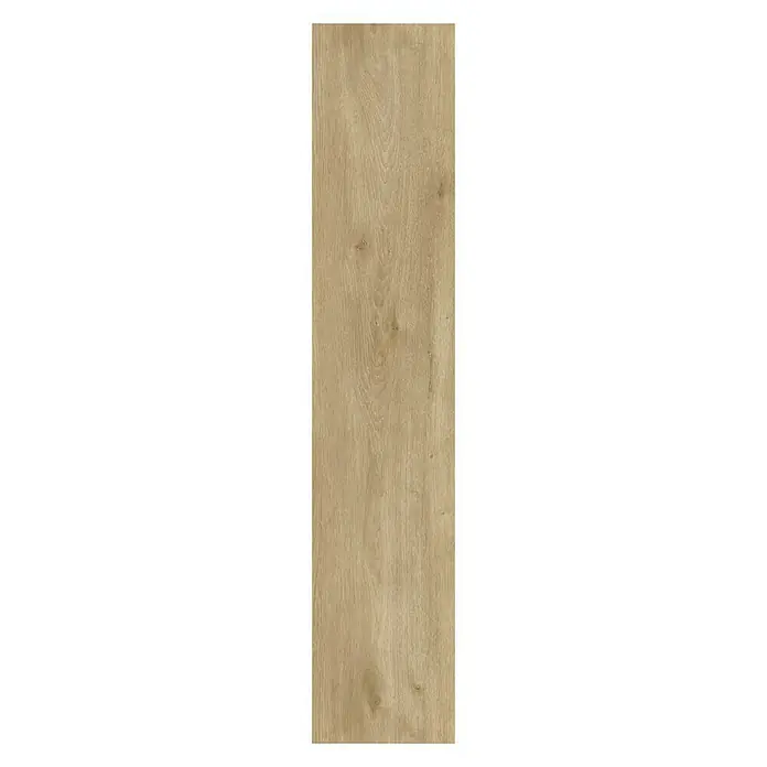 b!design Vinylboden Isocore Inside Châteaux Neuf1.510 x 300 x 7 mm, Landhausdiele, Châteaux Neuf - Nahaufnahme einer einzelnen, rechteckigen, hellbraunen Holzdiele mit einer natürlichen Maserung.