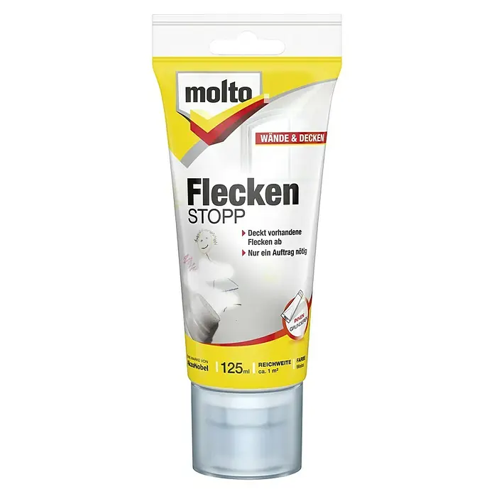 Molto Flecken-Abdeckfarbe Flecken Stopp - Weiß, 125 ml - Tube Molto Flecken Stopp, ein Produkt zur Fleckenentfernung an Wänden und Decken, Inhalt 125ml, Farbe Weiss.