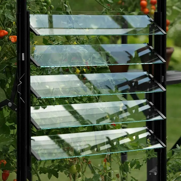 Vitavia Gewächshaus-Seitenfenster - Passend für: Vitavia Gewächshäuser Ida 5200 - 7800/Venus/Apollo/Merkur/Mars/Uranus/Diana, Schwarz - Detailaufnahme eines Gewächshausfensters mit Lamellen, die für Belüftung sorgen und einen Blick auf reife Tomatenpflanzen im Inneren ermöglichen.
