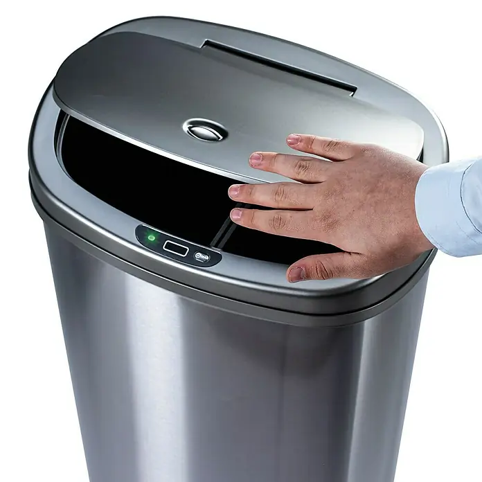 Sensormülleimer - 50 l, Edelstahl, Silber - Automatischer, berührungsloser Mülleimer aus Edelstahl mit Sensor und offenem Deckel, ideal für hygienische Abfallentsorgung.