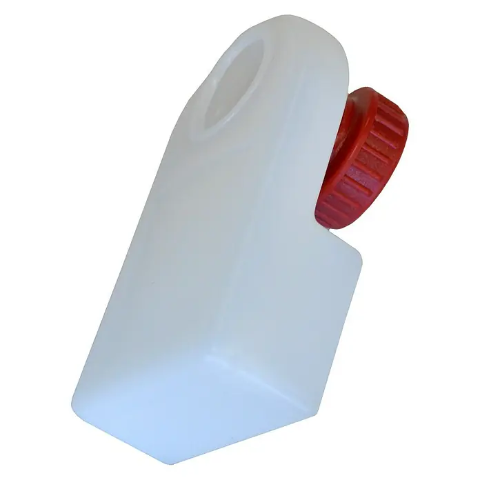 Heizkörperentlüfter - Mit Auffangschale, Weiß - Weiße Kunststoffflasche mit rotem Deckel. Ideal für Flüssigkeiten, mit praktischem Griff für einfachen Transport.