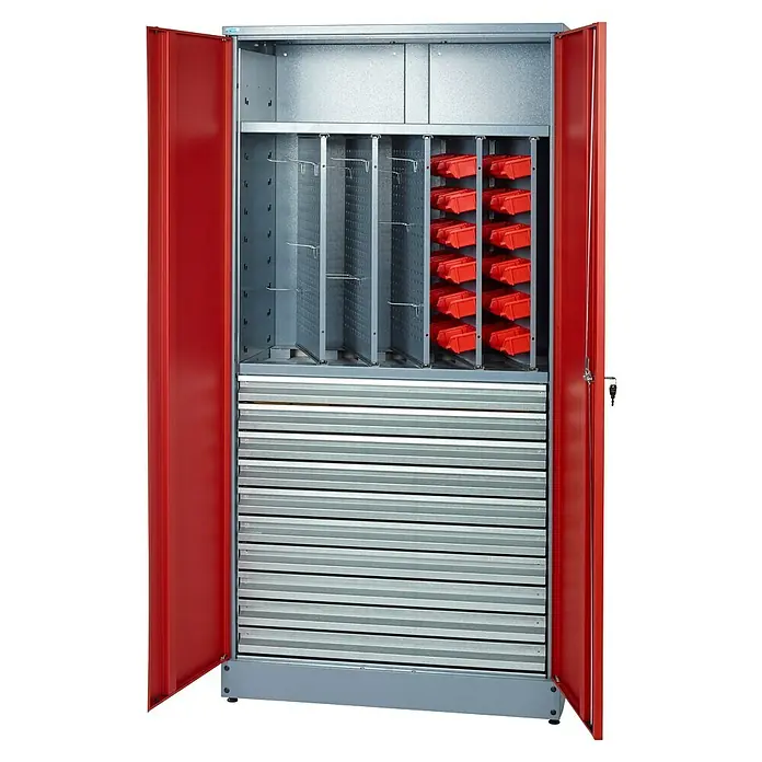 Küpper Werkzeugschrank - L x B x H: 45 x 91 x 180 cm, Anzahl Türen: 2 Stk. - Werkstattschrank mit offenen roten Türen, Schubladen und roten Boxen. Organisation und Lagerung im Fokus.