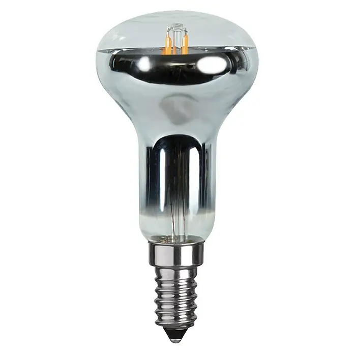 Voltolux Bombilla LED con filamento - E14, Blanco cálido, 320 lm, 4 W - Primer plano de una lámpara tubular plateada con casquillo E14, que emite un brillo cálido y acogedor, ideal para añadir detalles ambientales.