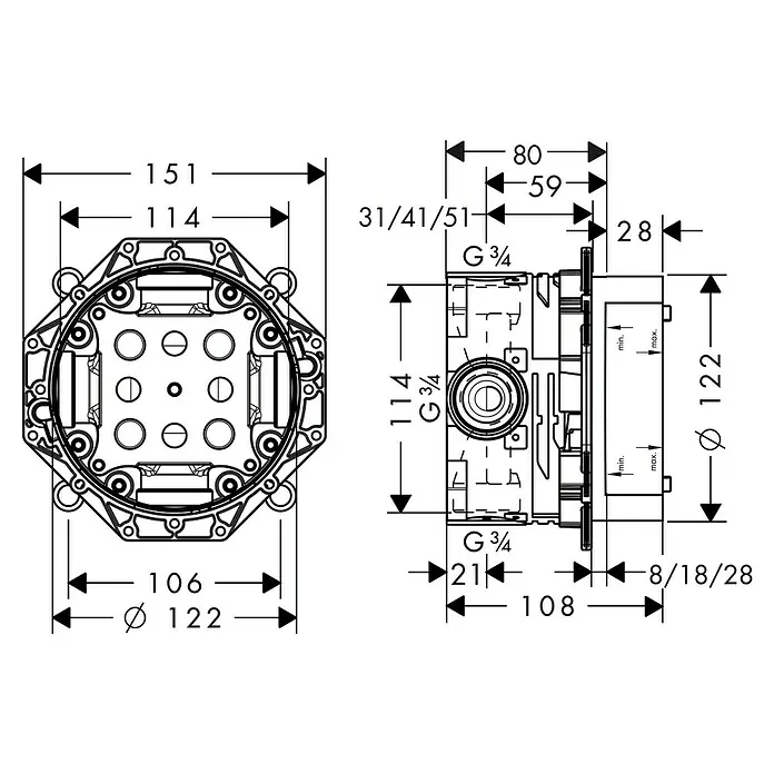 Hansgrohe Unterputzsystem Ibox Universal - 80 x 151 x 122 mm, Grün - Abbildung der Sanitärbox mit detaillierten Maßangaben für Installation und Design, inklusive Durchmesser- und Abstandsangaben.