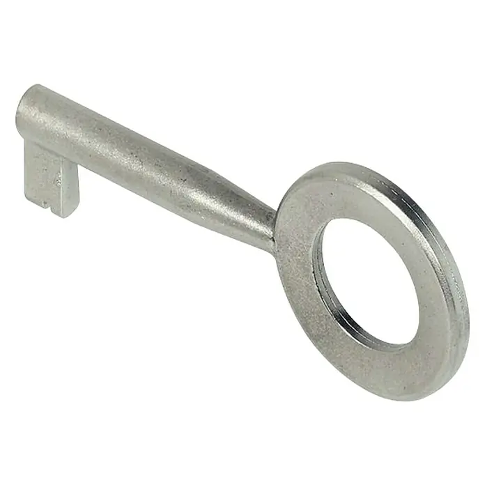 Stabilit Llave decorativa - Niquelado - Primer plano de una llave de mueble de metal con mango redondo y paletón, ideal para muebles antiguos.