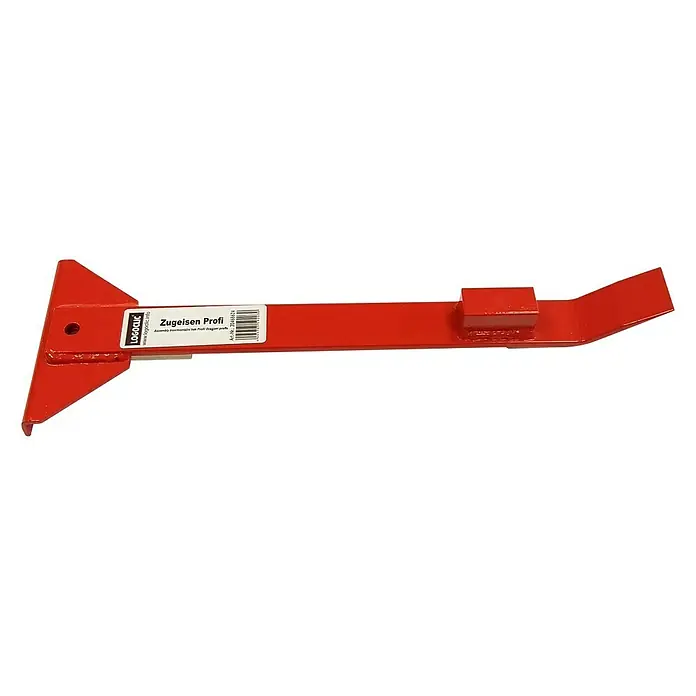 LOGOCLIC Zugeisen - 30 x 8 x 2 cm, Extra breite Auflage - Das Bild zeigt ein rotes Zugeisen Profi Werkzeug mit einer dreieckigen Spitze und einer rechteckigen Aussparung in der Mitte.