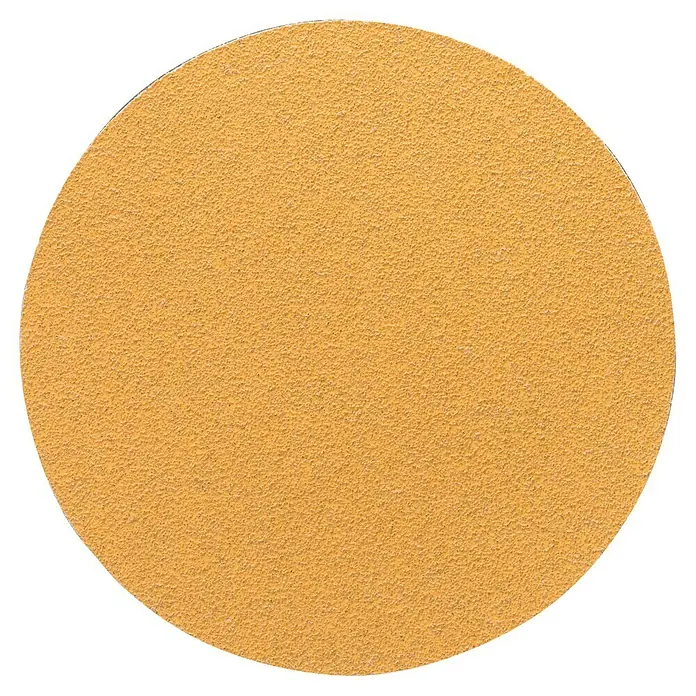 Craftomat Schleifblatt-Set - Durchmesser: 125 mm, 10 Stk., Körnung: 80 - Nahaufnahme einer runden Schleifscheibe in Goldgelb mit feiner, gleichmäßiger Körnung für den Einsatz in Schleifgeräten.