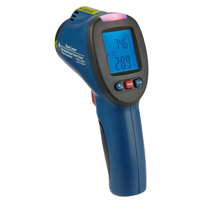 TFA Dostmann Infrarot-Thermometer Schimmeldetektor - Messbereich: -50 °C bis +260 °C - Abbildung eines blauen Dual-Laser-Infrarot-Taupunkt-Scan-Thermometers mit digitaler Anzeige.