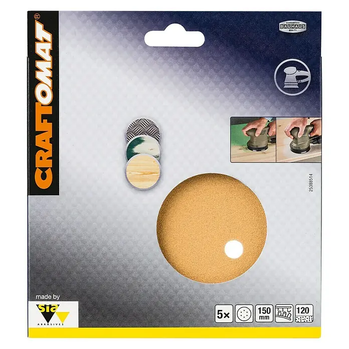 Craftomat Hoja de lija BFWP - Diámetro: 150 mm, Grano: 120, Perforado - Un paquete de discos de lijadora CRAFTOMAT, grano 120, diámetro 150mm, 5 unidades para lijadoras orbitales aleatorias. Ideal para madera y otros materiales.