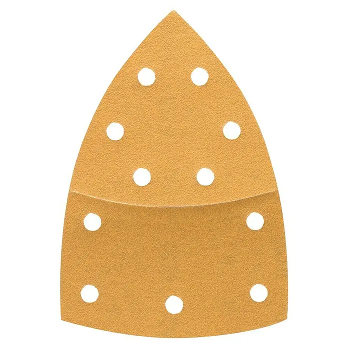 Craftomat Schleifblätter BFWP - L x B: 102 x 62 mm, Körnung: 120, 10 Stk. - Das Bild zeigt ein dreieckiges Schleifpapier mit Löchern, das für oszillierende Multitools verwendet wird. Ideal zum Schleifen von Holz und anderen Materialien.