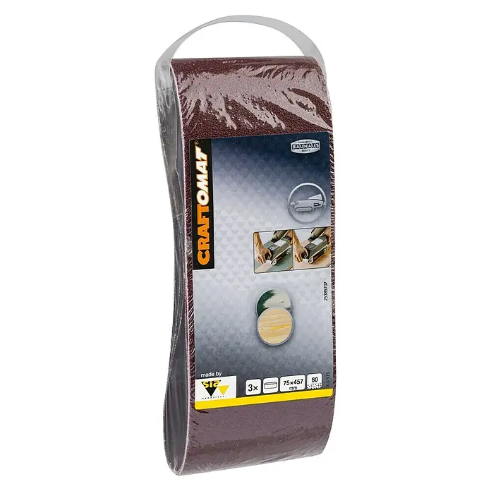 Craftomat Lija de banda - L x An: 457 x 75 mm, Grano: 80, 3 ud. - Un paquete de cintas de lija Craftomat, perfectas para proyectos de carpintería. Las cintas están disponibles en la medida 75x457 mm.