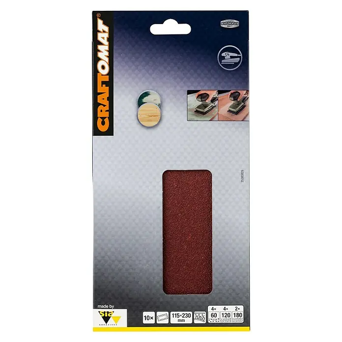 Craftomat Set de hojas de lija - An x L: 115 x 230 mm, Grano: 60 mm - 180 mm, 10 ud. - Embalaje del producto para papel de lija CRAFTOMAT. El conjunto contiene 10 papeles de lija en varios tamaños de grano para trabajos de lijado.