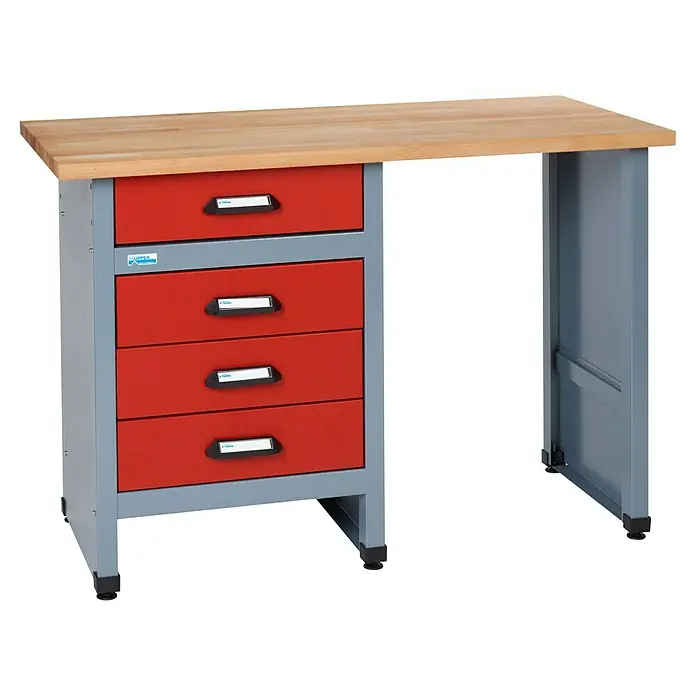 Küpper Werkbank - L x B: 60 x 120 cm, Arbeitshöhe: 84 cm, Belastbarkeit: 300 kg, Rot/Silbergrau - Werkbank mit Schubladen in Rot und einer Arbeitsplatte aus Holz für Werkstatt oder Hobbyraum.