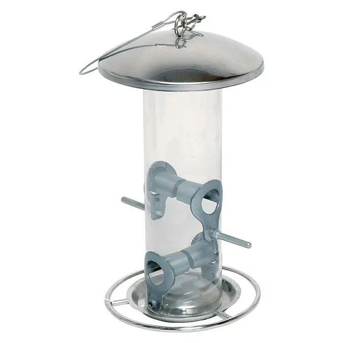 Dobar Futtersäule - Ø x H: 14 x 26 cm, Metall, Silber - Ein silberner, zylindrischer Vogelhäuschen mit durchsichtigem Behälter und zwei Futterstellen, ideal für den Garten.