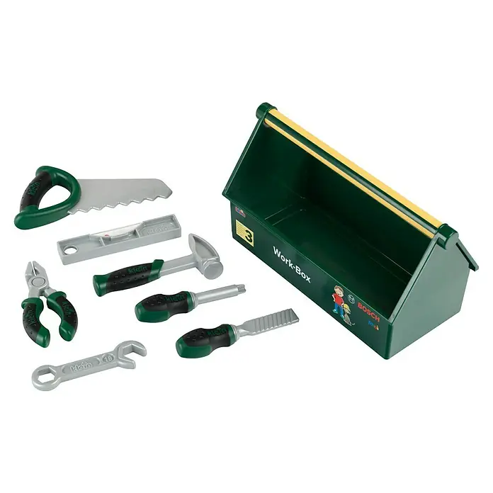 Klein Bosch Kinder-Werkbank - L x B x H: 30,25 x 14 x 17,25 cm - Spielzeug-Werkzeugkasten von Bosch mit Säge, Hammer, Schraubenschlüssel, Zange und mehr für kleine Handwerker.