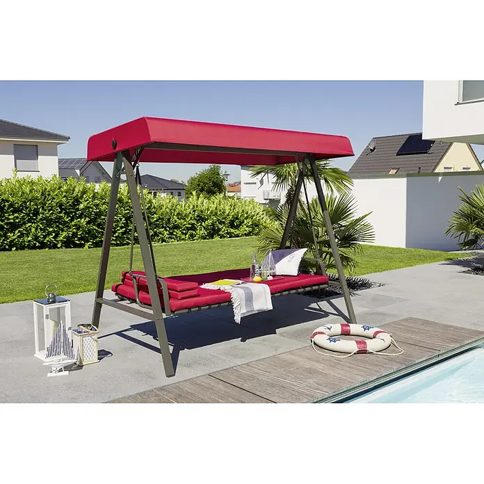 Sunfun Maja Hollywoodschaukel - 230 x 135 x 188 cm, Rot - Eine stilvolle, rote Hollywoodschaukel mit Sonnendach und gemütlichen Kissen, perfekt für entspannte Stunden im Garten oder auf der Terrasse.