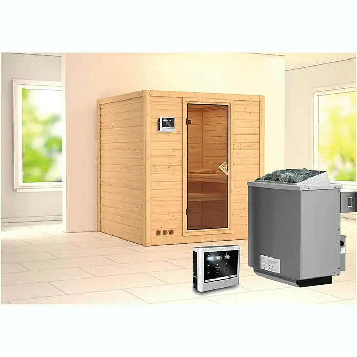 Karibu Elementsauna Mojave - Mit 9 kW Ofen mit externer Steuerung, Ohne Dachkranz, Materialspezifizierung Tür: Ganzglas Bronze, L x B x H: 196 x 196 x 192 cm - Produktabbildung eines Holzsaunaraums mit Steinen, Heizgerät und Bedienfeld, die ein entspannendes Wellness-Erlebnis versprechen.