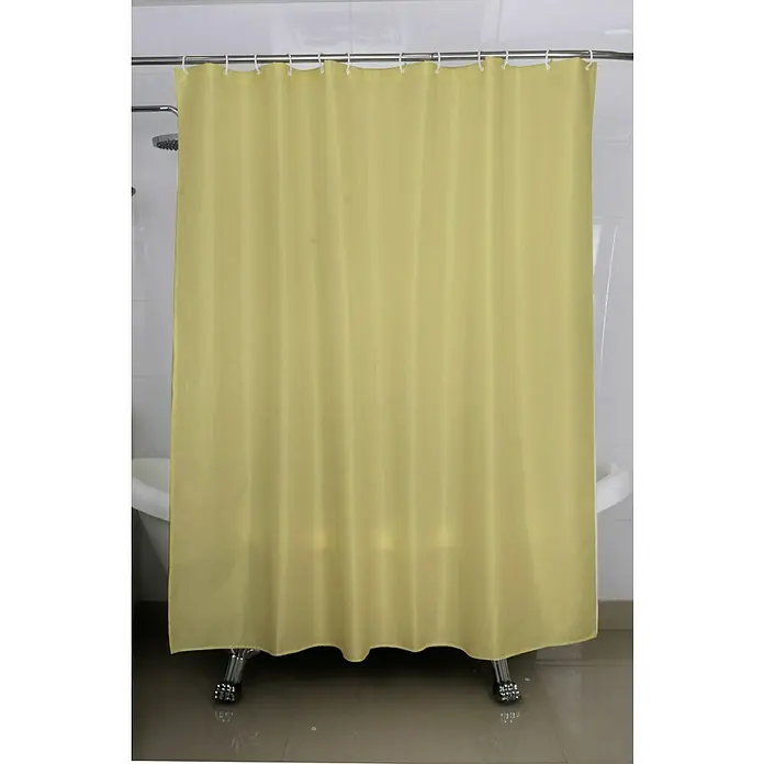 Venus Duschvorhang Sand - B x H: 180 x 200 cm, Kunststoff, Beige - Gelber Duschvorhang mit weißen Ringen an einer Stange über einer Badewanne, der Badezimmerfliesen verdeckt.