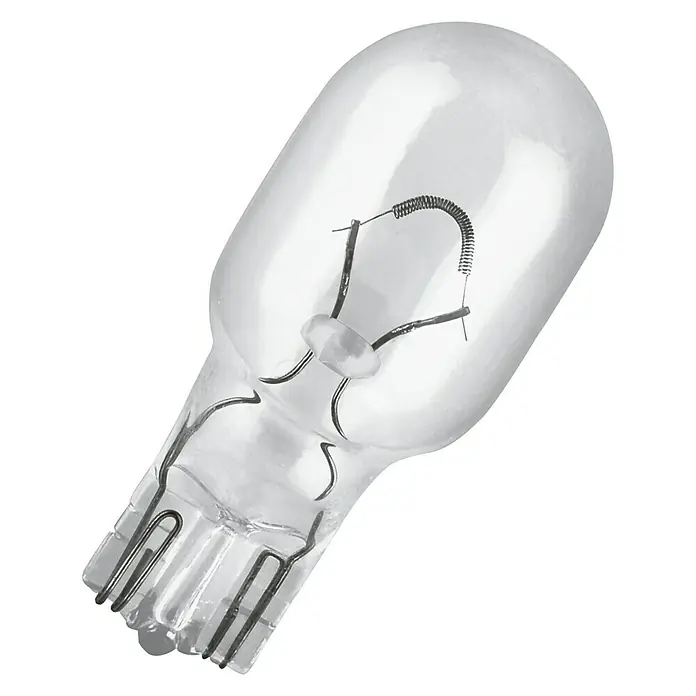 Osram Brems- & Schlusslichtleuchte Original Line - W16W, 2 Stk. - Nahaufnahme einer klaren Glühbirne, die ein komplexes Glühwendel-Design zeigt und auf dem weißen Hintergrund die Details hervorhebt.
