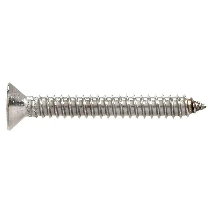 Marinetech Senkblechschraube - Ø x L: 3,9 x 25 mm, A4, Edelstahl, Kopf-Kreuzschlitz (Pozidriv), Senkkopf - Nahaufnahme einer glänzenden Senkkopfschraube aus Edelstahl, ideal für Holz- und Metallarbeiten, die Stabilität und Haltbarkeit bietet.