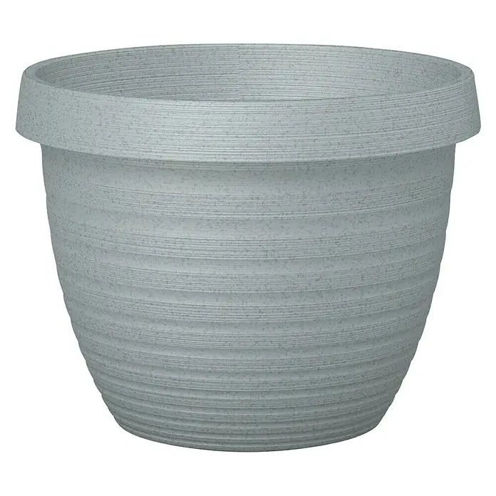 Scheurich Country Star PflanztopfAußenmaß (Ø x H): 40 x 30 cm, Kunststoff, Grau - Nahaufnahme eines strukturierten, runden Pflanzgefäßes aus Kunststoff in Grau, ideal für den Innen- und Außenbereich, mit leicht ausgestelltem Rand.