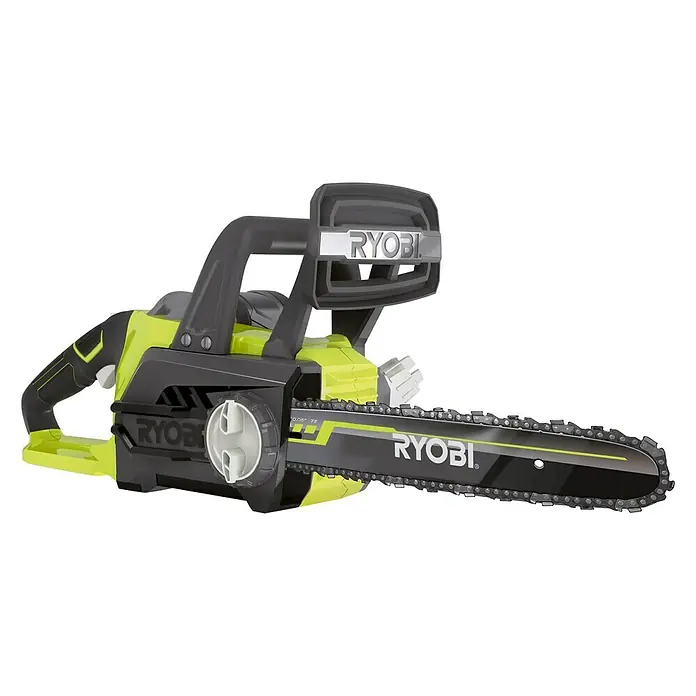 Ryobi ONE+ Maschinenpaket - Akku-Kettensäge ,18V, 4 Ah Akku & 2A Ladegerät - Eine RYOBI Akku-Kettensäge mit einem schwarzen Schwert und grünen Akzenten. Ideal für Gartenarbeiten und Baumschnitt.