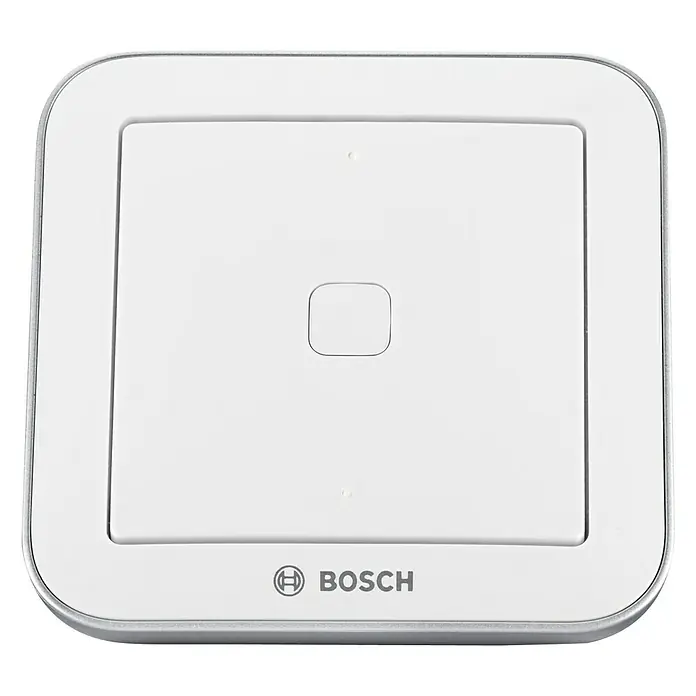 Bosch Smart Home Universalschalter Flex - Reichweite Funk: 200 m - Nahaufnahme eines weißen Bosch Smart Home Controllers mit silbernem Rahmen.