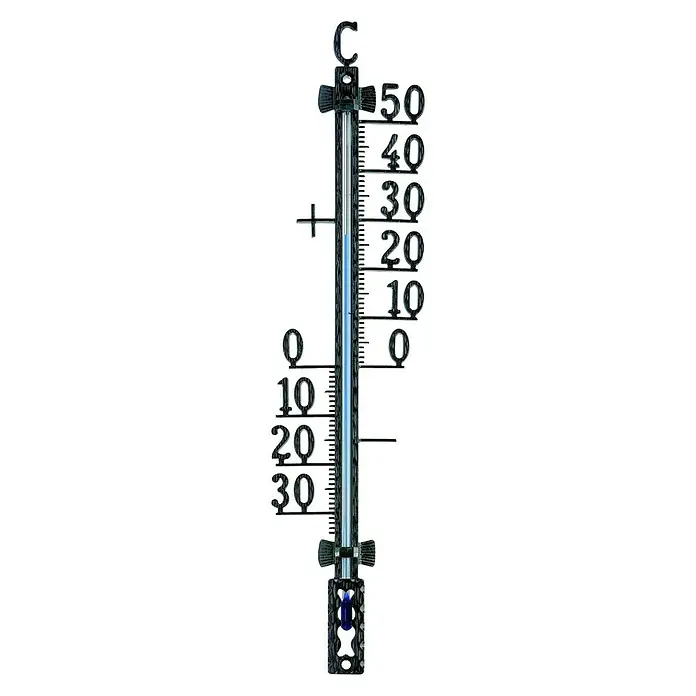 TFA Dostmann Termómetro para exterior - Analógico, L x An x Al: 1,8 x 6,5 x 27,5 cm, Negro - Imagen de un termómetro que muestra una temperatura de unos 22 grados Celsius. Ideal para controlar temperaturas interiores y exteriores.