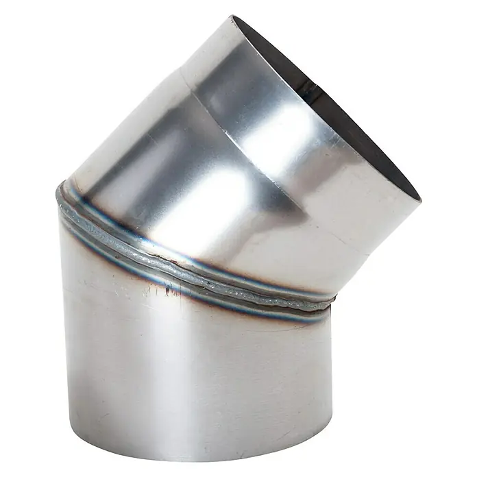Ofenrohrbogen - Durchmesser: 150 mm, Bogenwinkel: 45 °, Unlackiert, Silber - Bild eines gebogenen Edelstahlrohrs.