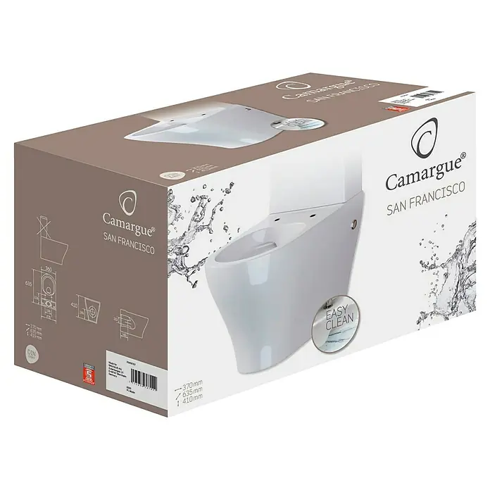 Camargue San Francisco Stand-WC für Kombination - Spülrandlos, WC Abgang: Waagerecht, Weiß - Abbildung einer Camargue San Francisco Toilette in Originalverpackung, die ein klares und modernes Design für jedes Badezimmer bietet.