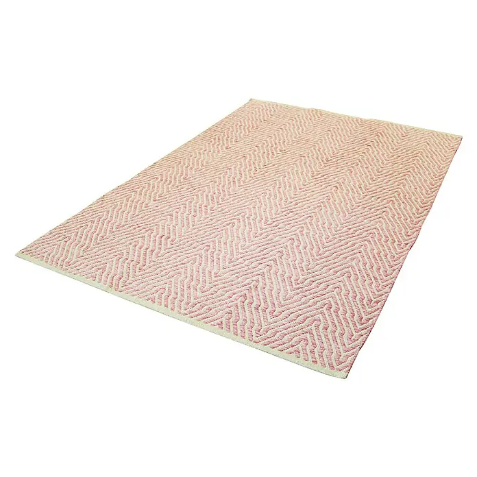 Kayoom Flachgewebeteppich Cocktail 400 - Pink, 230 x 160 cm, 100% Baumwolle - Ein rechteckiger Teppich mit Zickzackmuster in Rosa und Weiß, perfekt um jedem Raum einen Hauch von Farbe und Stil zu verleihen.