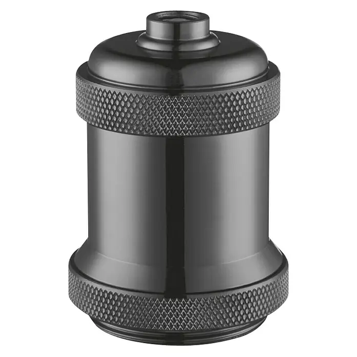 Home Sweet Home Lampenfassung Perle - E27, Farbe: Schwarz, Metall - Nahaufnahme einer grauen Lampenfassung mit gerändelter Oberfläche und einer Öffnung oben, präsentiert auf schwarzem Hintergrund.