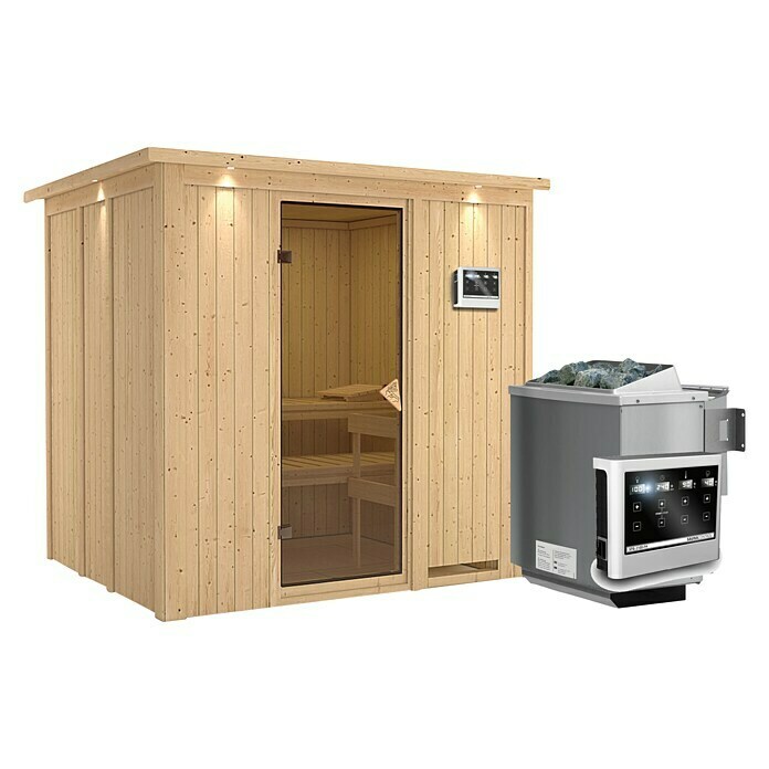 Karibu Elementsauna Sodin (Mit 9 kW Bio-Ofen mit externer Steuerung, Mit Dachkranz und Beleuchtung, L x B x H: 210 x 184 x 192 cm)
