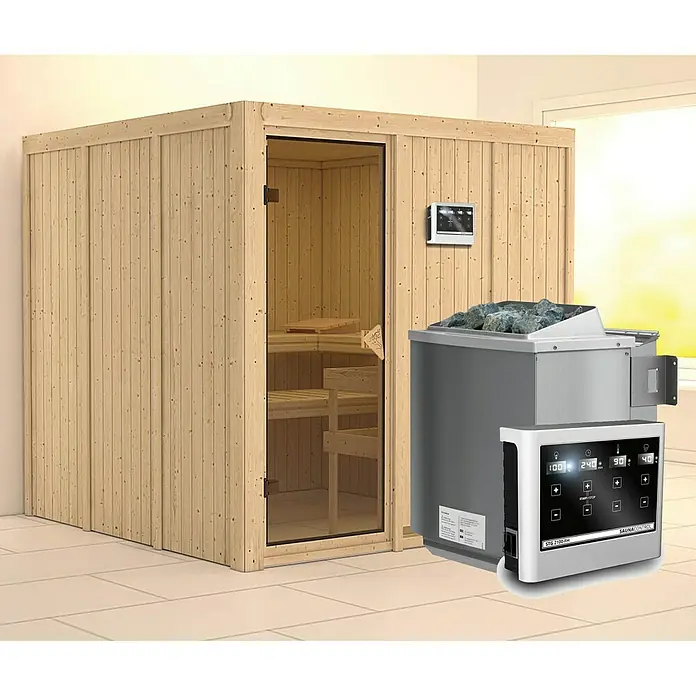Karibu Elementsauna Rodin - Mit 9 kW Bio-Ofen mit externer Steuerung, Ohne Dachkranz, L x B x H: 196 x 196 x 192 cm - Hier ist eine Sauna mit einem externen Steuergerät, das Temperatur und Zeit regelt.