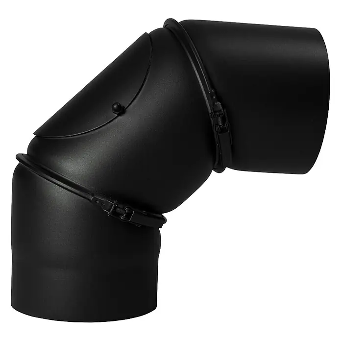 Ofenrohrbogen - Durchmesser: 160 mm, Bogenwinkel: 0 ° - 90 °, Drehbar, Senotherm lackiert, Schwarz Metallic - Schwarzes Rauchrohrbogenstück, ideal für Kamin- oder Ofeninstallationen, mit stabilen Verbindungselementen für sicheren Halt.