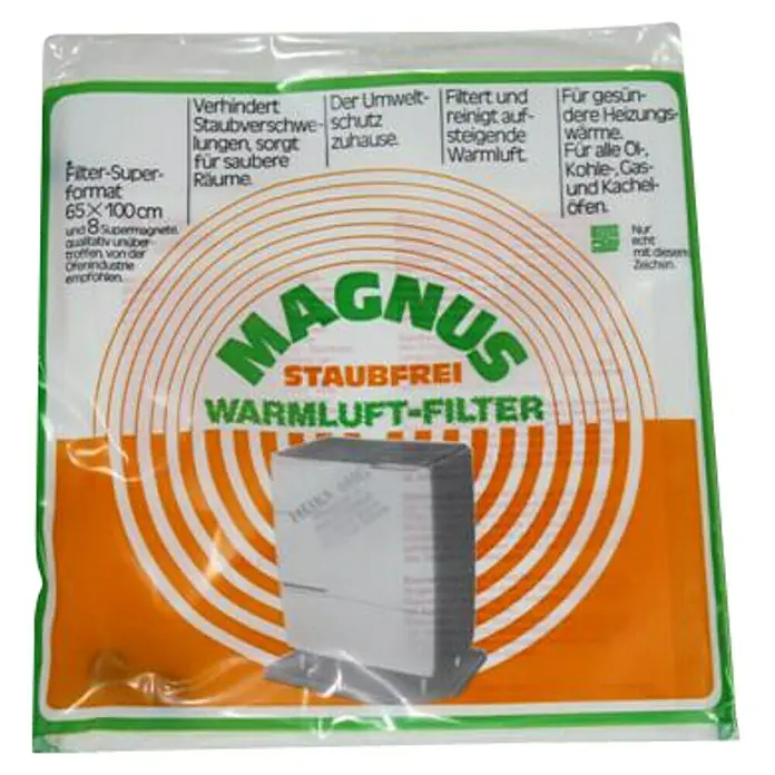 Staubfilter - 65 x 100 cm, Glasfaser - Luftfilter "Magnus Staubfrei Warmluft-Filter" in einer transparenten Verpackung. Ideal für saubere Luft und gesündere Heizungswärme.