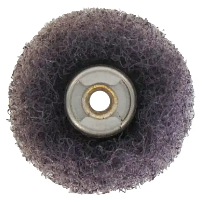 Dremel EZ SpeedClic Feinschleifscheibe 512S - Arbeitsdurchmesser: 25 mm, 2 Stk. - Nahaufnahme einer Schleifscheibe mit violetten Fasern und zentraler Metallhalterung für Polierarbeiten.