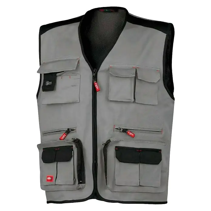 Industrial Starter Chaleco de trabajo multibolsillos Stretch - M, Gris - Chaleco de trabajo gris con numerosos bolsillos y cremallera. Ideal para artesanos y amantes del bricolaje.