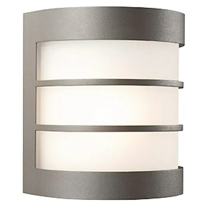 Philips Aplique exterior Calgary - 60 W, 14 x 10 x 15,5 cm, Antracita, IP20 - Imagen de un aplique de pared moderno plateado con tres secciones horizontales iluminadas, mostrando una solución de iluminación elegante.