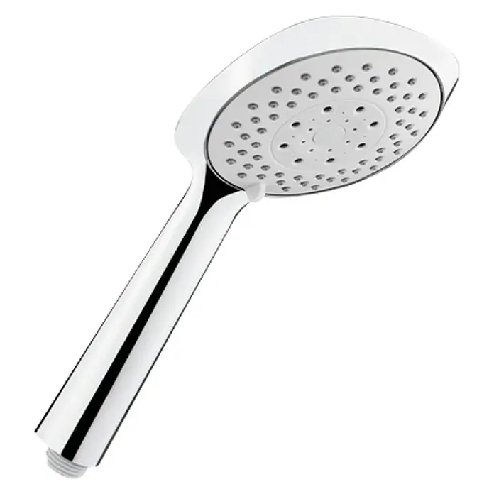 Roca Teleducha Sensum - Número de funciones: 4 ud., Cromo - Primer plano de un cabezal de ducha de mano blanco con mango cromado, ideal para baños modernos.